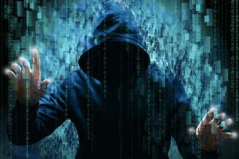 Man in hood and digital binary code on dark background. Cyber attack concept Foto stock
