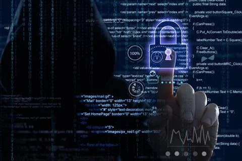 Man in hood and digital code and lock on dark background. Cyber attack concep 写真素材