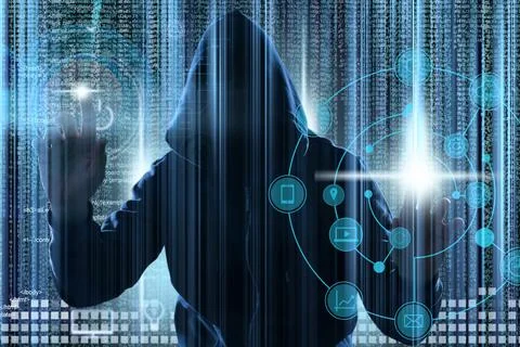Man in hood and digital code on dark background. Cyber attack concept Stock Photos