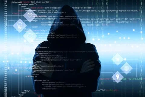 Man in hood and digital code on dark background. Cyber attack concept 스톡 사진