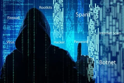 Man in hood and digital code on dark background. Cyber attack concept 스톡 사진