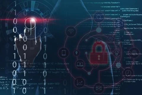 Man in hood and digital code on dark background. Cyber attack concept Stockfoto's