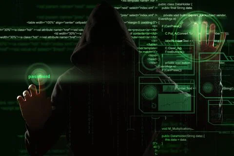 Man in hood and digital code on dark background. Cyber attack concept 스톡 사진