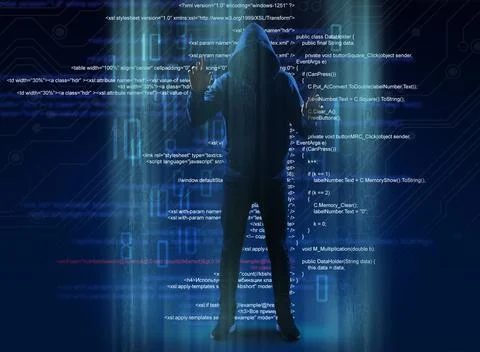 Man in hood and digital code on dark background. Cyber attack concept Stockfoto's