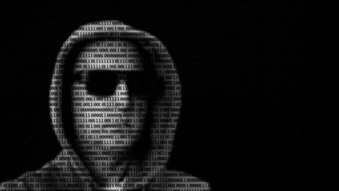Man in hood and glasses with binary code numbers Video stock 144266576
