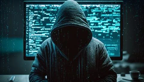A man in a hood on the background of a computer screen with a code, generat.. Stock Illustration