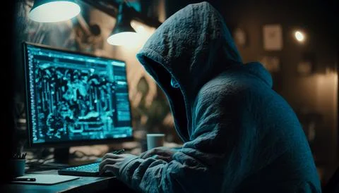 A man in a hood writes code on a computer at night, generative ai. Stock-Illustration