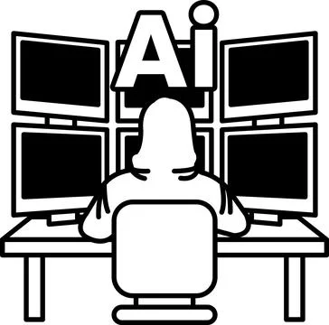 A man in a hoodie sits in front of a computer with a monitor displaying Stock-Illustration