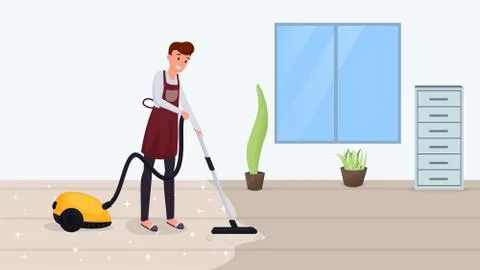 Man hoovering floor flat vector illustration. Husband cleaning carpet, using Stock Illustration