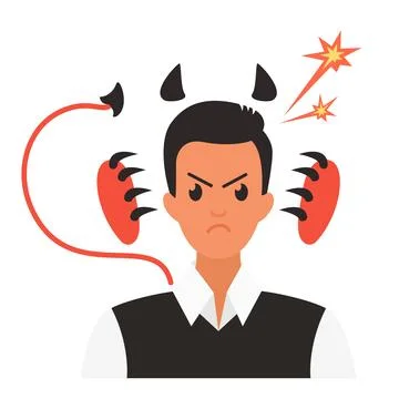 Man with horns and devils tail feeling anger and rage, hate emotion Stock Illustration