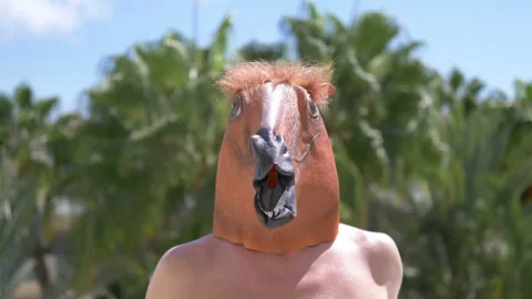 Man in a horse mask in 4k slow motion 60fps Stock Footage 123647102