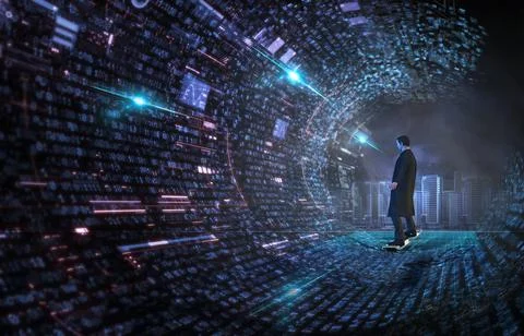 Man on hover board surfing binary code wave Stock Photos