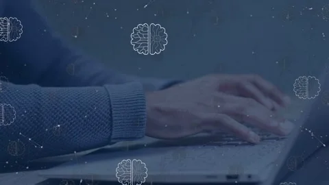 Man hovering hands then typing code, coding app with brain icons and particles Stock Footage 334768443