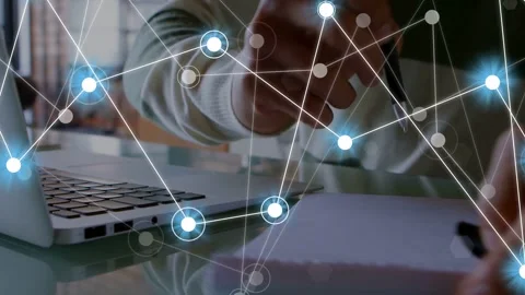 Man hovering then pressing keys causing pulsing node overlay while writing on Stock Footage 335762106