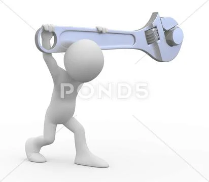 Man with a huge adjustable spanner tightening a nut Stock Illustration