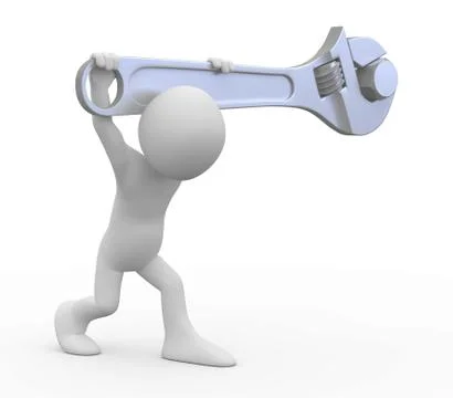 Man with a huge adjustable spanner tightening a nut Stock Illustration