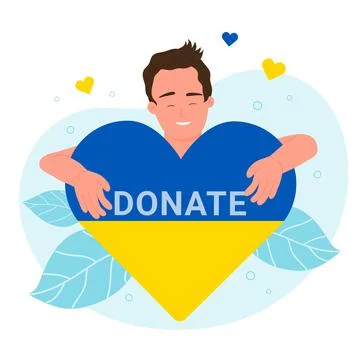 Man hugging big yellow and blue heart in colors of Ukrainian flag and Donate Stock Illustration