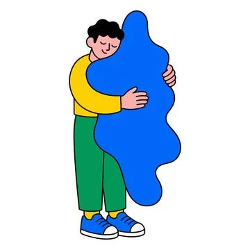 Man hugging a blue amorphous shape Stock Illustration
