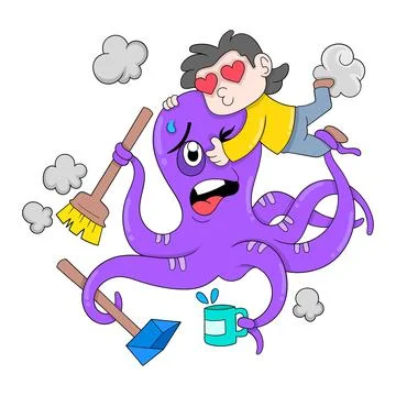 Man hugging a clean octopus, doodle icon image kawaii Stock Illustration