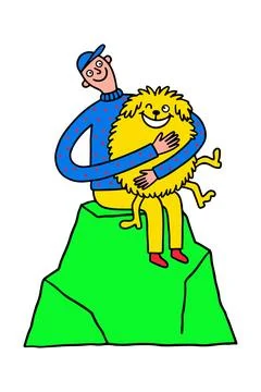 Man Hugging a Yellow Creature on a Green Rock Stock Illustration