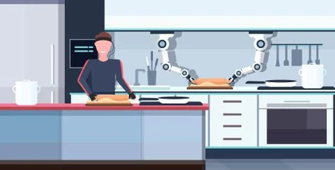 Man humanoid with wires electrodes indicators controlling smart handy chef robot Stock Illustration