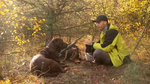Man hunter resting in forest with his dog. shotgun, ammunition, backpack 스톡 동영상 97788935