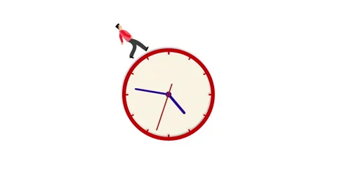 A man in a hurry during a work day race around the clock, then he stops exhusted Stockbeeldmateriaal 142992984