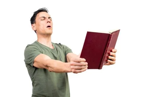 Man with hyperopia squinting and reading book Stock Photos