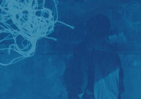 Man hypnotised by abstract tangled lines apparition on abandoned house wall.. 스톡 일러스트