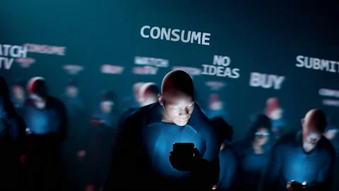 Man hypnotized by his mobile walks in the dark crowd. Zombie walk.  Mind control Stock Footage 158242654