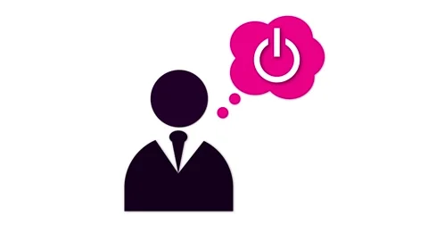 Man icon with bubble containing power button icon animated on a white backg.. Stock Footage 265169991