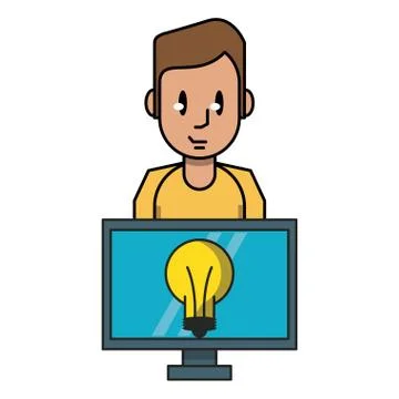 Man with idea on computer Illustrazione stock