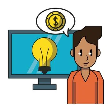 Man with idea on computer Illustrazione stock