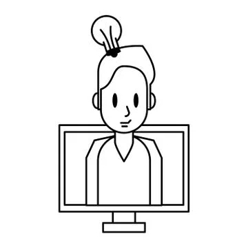 Man with idea on computer Illustrazione stock