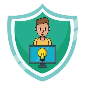 Man with idea on computer Illustrazione stock