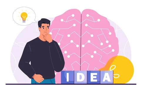 Man with idea. Young guy near huge brain and light bulb. Creativity and Stock Illustration