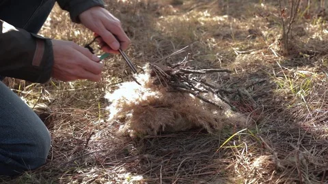 A man is igniting with a flint a bonfire in the forest 스톡 동영상 124041065