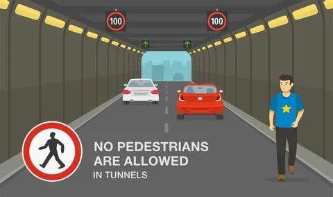 Man ignoring traffic rule and walking through high-speed tunnel. No pedestrian. Stock Illustration