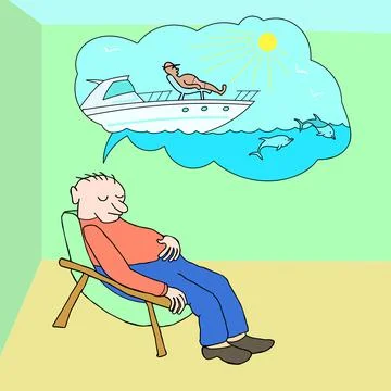 Man imagines future rest. Vector character illustration of dreamy person Stock Illustration