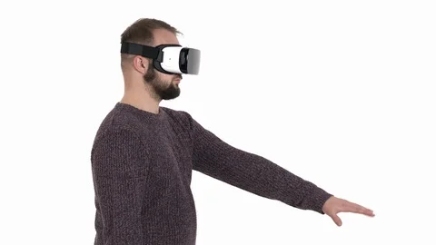 Man imitates retro phone using while wearing VR glasses. Digital age and new Stock Footage 121195391