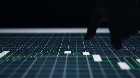 Man indicators on sensor touch screen sensory interactive table in the dark. Stock Footage 106109074