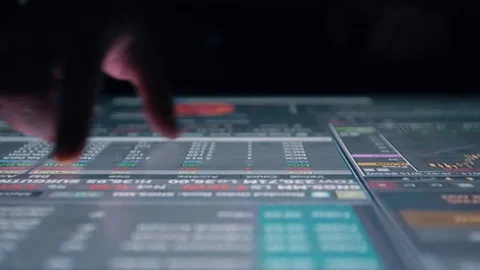 Man indicators on sensor touch screen sensory interactive table in the dark. Stock Footage 106109350