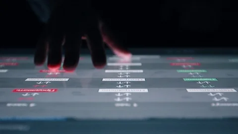 Man indicators on sensor touch screen sensory interactive table in the dark. Stock Footage 106109440