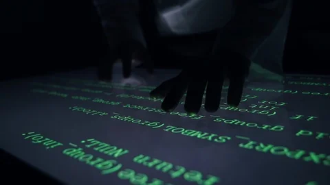 Man indicators on sensor touch screen sensory interactive table in the dark. Stock Footage 106339117