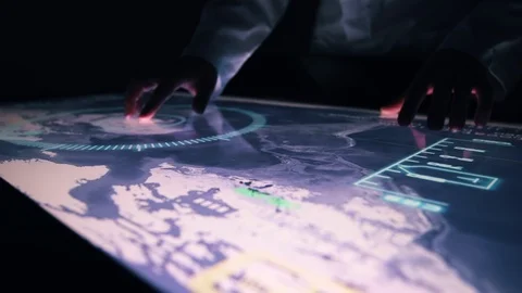 Man indicators on sensor touch screen sensory interactive table in the dark. Stock Footage 106339889