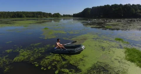 A man on an inflatable boat sails past a flock of swans Stock Footage 265861896