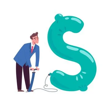 A man inflating up a dollar, a balloon. The concept of inflation, inflation of Stock Illustration