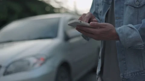 Man inform for help due to emergency car through a mobile application system. A  Video stock 164387482