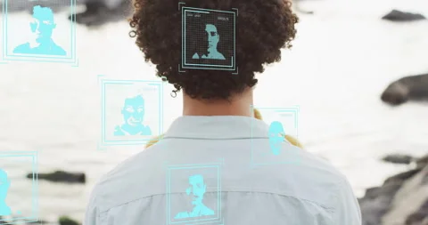 Man initiating scanning via blue data frames matching woman's face verifying Stock Footage 310216718