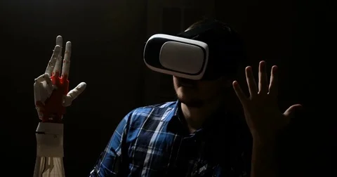 Man with innovative cybernetic system today. Game industry and motion tracking Stock Footage 85369546